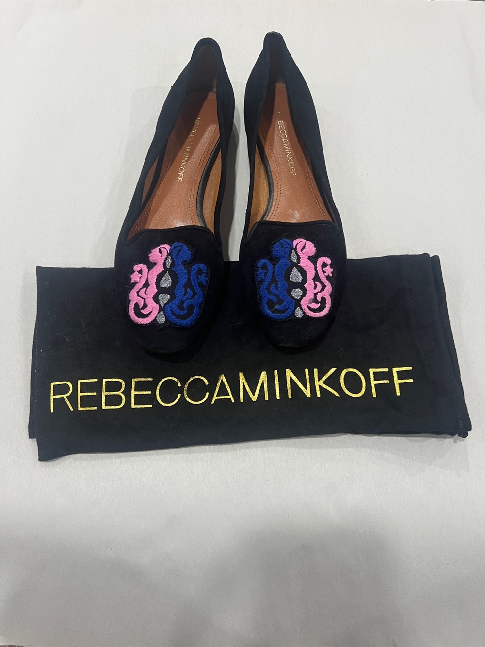 Rebecca Minkoff Black Suede Loafers with Pink & Blue Embroidery